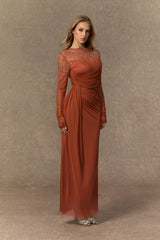 Alluring Silhouette Orange Crystal Embellished Ruched Maxi Dress