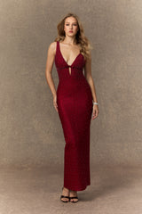 Enchant My Love Burgundy Beaded Plunging V鈥慛eck Maxi Dress