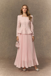 Glamorous Choice Pink Embroidered Lace Jacket & Pleated Skirt Set