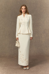 Dressed To Dazzle White Floral Embroidery Pleated Sleeve Skirt Set
