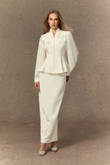 Dressed To Dazzle White Floral Embroidery Pleated Sleeve Skirt Set