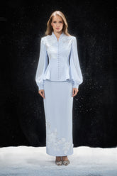 Confident Sensation Blue Floral Embroidery Pleated Sleeve Skirt Set
