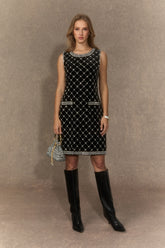 Starry Luxe Black Crystal Grid Sleeveless Midi Dress