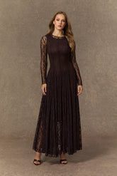 Momentous Moments Brown Sheer Lace Pleated Maxi Dress
