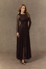 Momentous Moments Brown Sheer Lace Pleated Maxi Dress