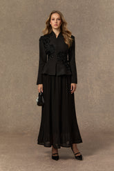 Graceful Arrival Black Lace Embroidered Jacket & Pleated Skirt Set