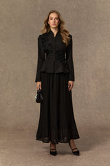 Graceful Arrival Black Lace Embroidered Jacket & Pleated Skirt Set