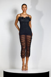 Nora Ruffle Trim Ruched Mesh Midi Dress