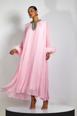 Yvonne Diamante Feathered Pleated Maxi Chiffon Dress
