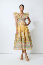 Keep The Feeling Yellow Floral Print Ruffle Flutter Sleeve Midi Dress