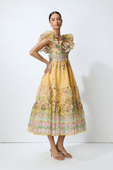 Keep The Feeling Yellow Floral Print Ruffle Flutter Sleeve Midi Dress
