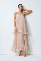 Light Party Moment Pink Halter Neck Pleated Maxi Dress