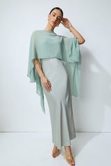 Whisper of Glamour Green Sheer Cape & Satin Maxi Dress Set