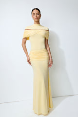 Softly Beautiful Yellow Ruched Crisscross Knit Maxi Dress