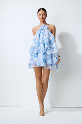 Kisses On Air Blue Floral Applique Tiered Mini Dress