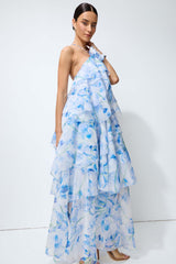 Breeze Emotion Blue Floral Print Halter Neck Maxi Dress