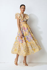 Keep The Feeling Yellow Floral V-Neck Ruffled Midi Dress