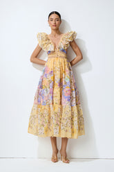 Keep The Feeling Yellow Floral V-Neck Ruffled Midi Dress