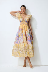 Keep The Feeling Yellow Floral V-Neck Ruffled Midi Dress