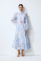 Soft Dream Hours Blue Floral Print Balloon Sleeve Midi Dress