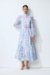 Soft Dream Hours Blue Floral Print Balloon Sleeve Midi Dress