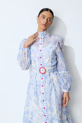 Soft Dream Hours Blue Floral Print Balloon Sleeve Midi Dress