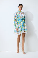 Dreamy Glow Blue Printed Lace Trim Mini Dress
