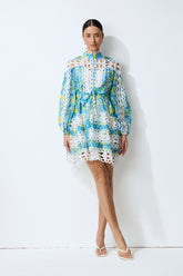 Dreamy Glow Blue Printed Lace Trim Mini Dress