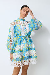 Dreamy Glow Blue Printed Lace Trim Mini Dress