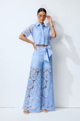 Vacation Mode Blue Floral Lace Cropped Top & Wide Leg Pants Set