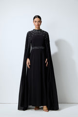 Luxe Simplicity Black Pearl Embellished Cape & Dress Set
