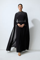 Luxe Simplicity Black Pearl Embellished Cape & Dress Set