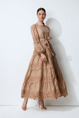 Soft Romance Khaki Puff Sleeve Lace Trim Maxi Dress