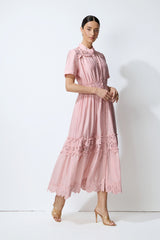 Loveliest Charm Pink Short Sleeve Tiered Lace Maxi Dress