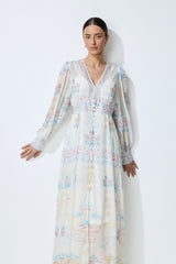 Morning Wanderer White Floral Print V-Neck Maxi Dress