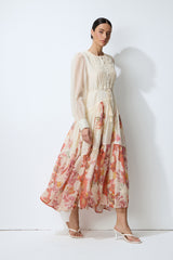 Sweetest Garden Day Beige Floral Print Sheer Sleeve Maxi Dress
