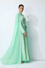 Luxe Simplicity Light Green Pearl Embellished Cape & Dress Set