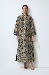 Luxe Evening Black Geometric Embroidered Kaftan Maxi Dress
