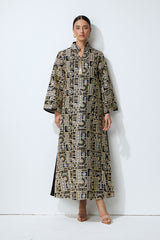 Luxe Evening Black Geometric Embroidered Kaftan Maxi Dress