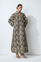 Luxe Evening Black Geometric Embroidered Kaftan Maxi Dress