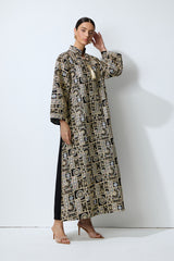 Luxe Evening Black Geometric Embroidered Kaftan Maxi Dress