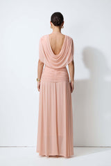 Blushing Evenings Pink Deep V-Neck Draped Cowl Back Maxi Dress