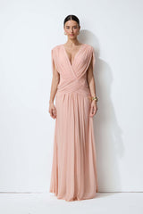 Blushing Evenings Pink Deep V-Neck Draped Cowl Back Maxi Dress