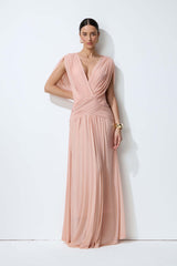 Blushing Evenings Pink Deep V-Neck Draped Cowl Back Maxi Dress