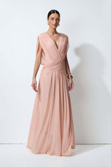 Blushing Evenings Pink Deep V-Neck Draped Cowl Back Maxi Dress