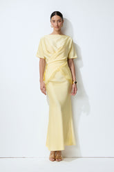 Falling for this Yellow Lace Trim Blouse & Satin Skirt Set
