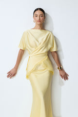 Falling for this Yellow Lace Trim Blouse & Satin Skirt Set
