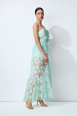 Spring Whisper Mint Flower Applique Lace Maxi Dress