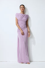 Lavender Nights Purple One Shoulder Ruched Maxi Dress