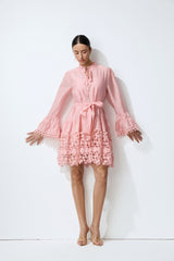 Lovely Charm Pink Long Sleeve Tiered Lace Mini Dress